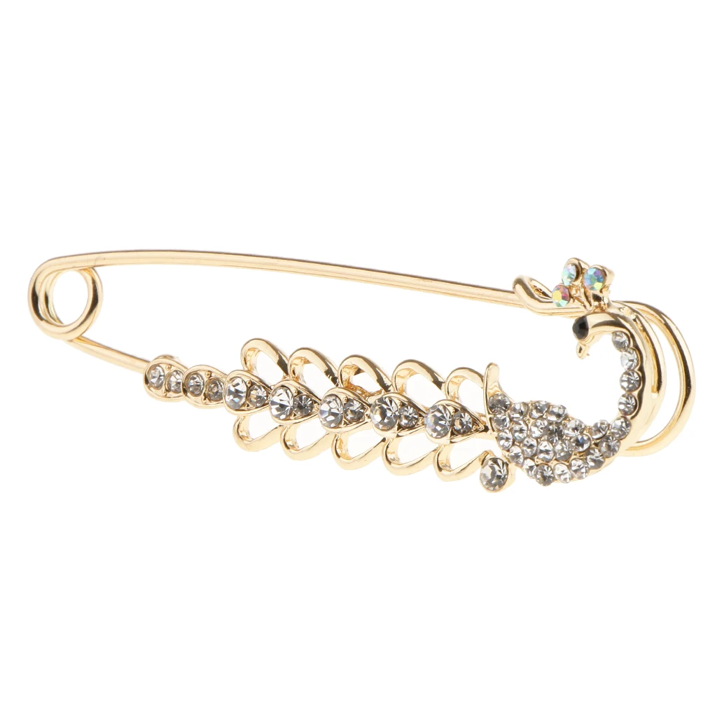 Phenove Crystal Peacock Safety Pin Brooches Clip for Ladies Scarf Cardigan Coat Gown Brooch Pin for Wedding Party