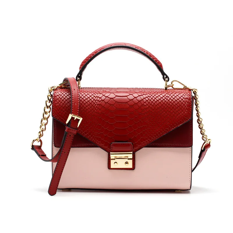 

Kajie 2018 New Bags Genuine Leather Panelled Handbags For Women Snake Pattern Top-handle Soft Shoulder Bags Crossbody Chain Bag