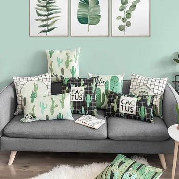 

Home Decorative Pillow Case Thick Cotton Linen Pillow Cover Green Cactus Plants Cushion Cover 45x45cm For Sofa Bed Zip Open