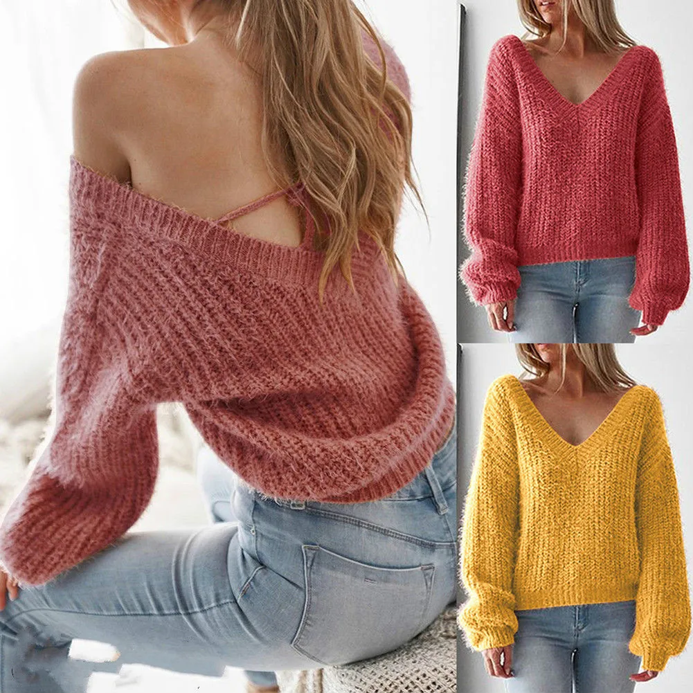 Women Ladies Long Sleeve Sweater Tops Knitted Pullover Backless | Женская одежда