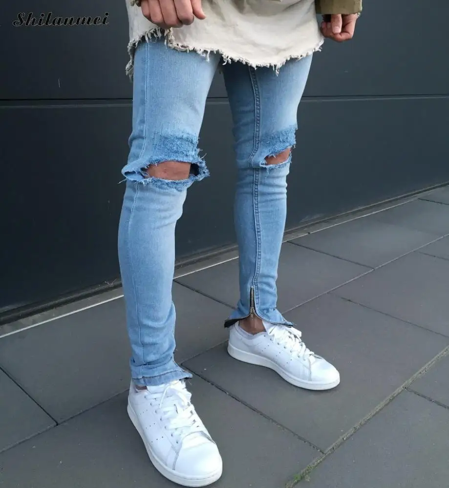 

2018 New blue Side Zipper Ripped Jeans Men With Holes Denim Super Skinny Famous Designer Slim Fit Scratched Biker Jeans Pants
