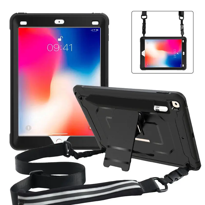 Чехол для iPad 9,7 A1893 A1954 5-го 6-го поколения Чехол Funda с держателем карандаша ударопрочный ремешок на плечо - Цвет: black