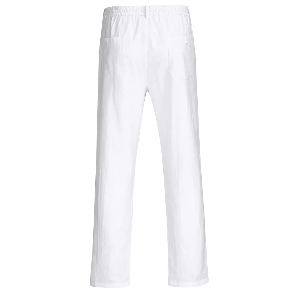 Men's Casual Linen Breathable Loose Long Pants Solid Color Straight Trousers High Quality Casual Travel