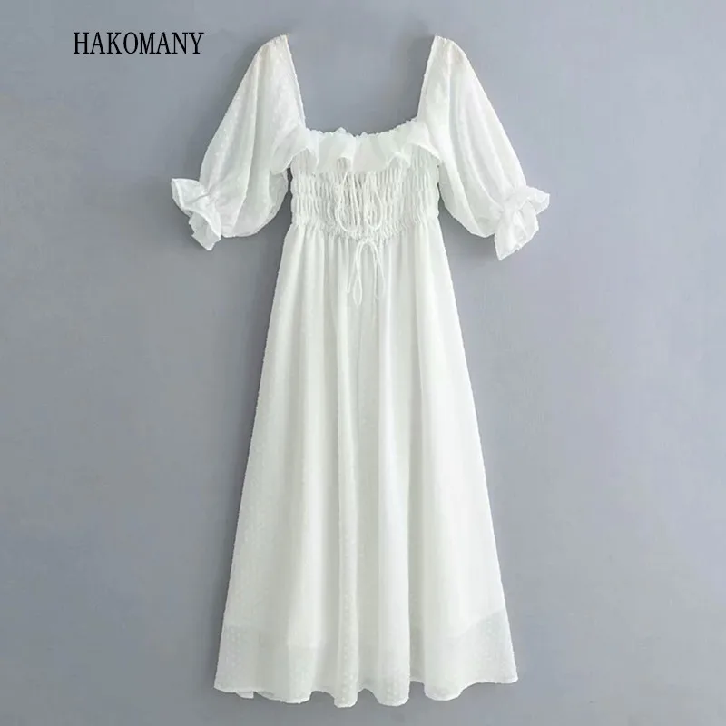 

2019 Backless Half Sleeve Dresses Women French style White 3D Dot Spliced Ruffles Square Collar Maxi Long Swing Dress