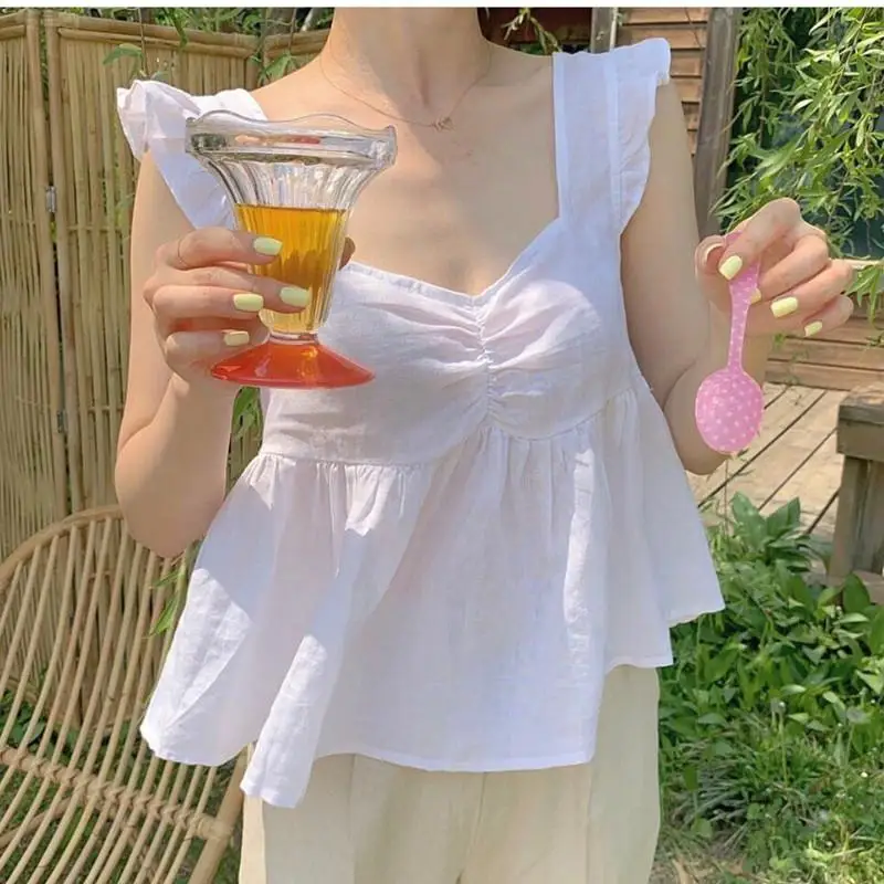 

2019 New Yfashion Women Summer Fashion Sweet All-match Solid Color Backless Sleeveless Loose Sling Casual Tops