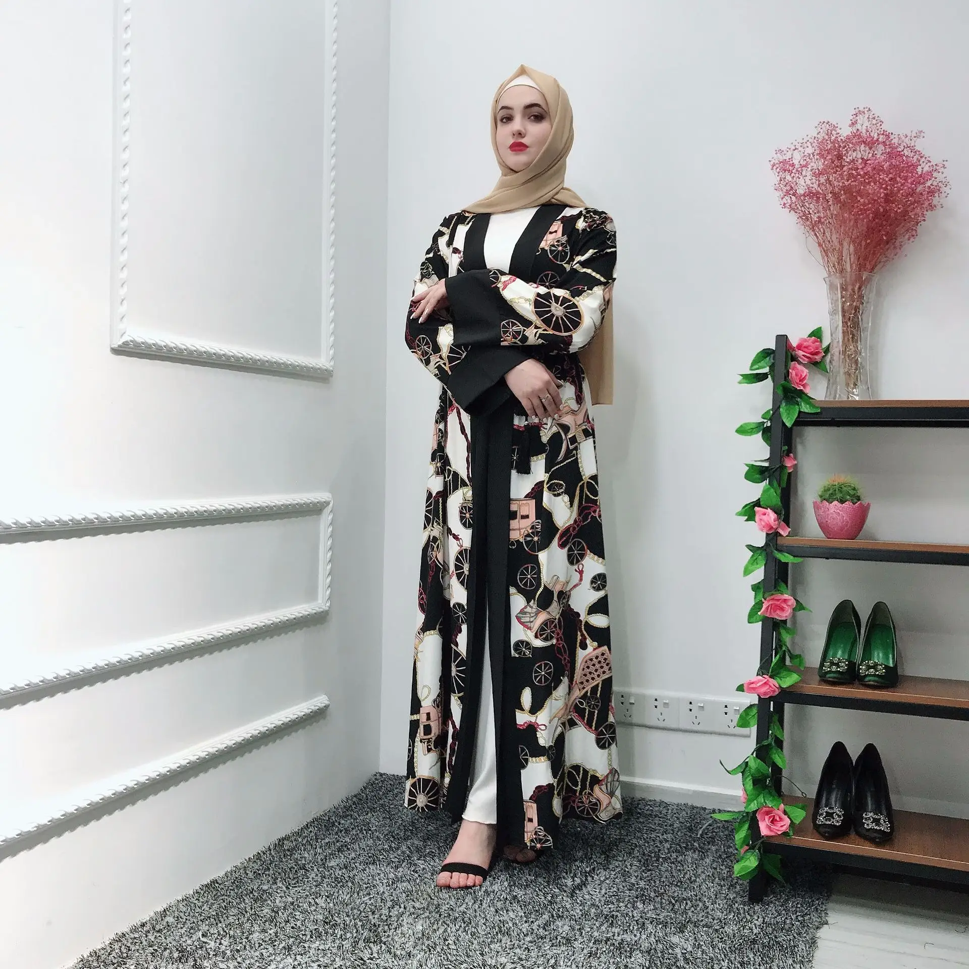 Модная мусульманская печать abaya полный платья кардиган-кимоно длинные халаты Туника Jubah Ближний Восток Рамадан Арабский исламский одежда