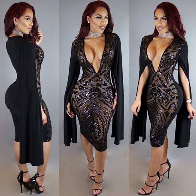 

Autumn Fashion Elegant evening party sequin dress Women sexy deep v neck bodycon dress Vestidos De Festa casual mesh vestidos