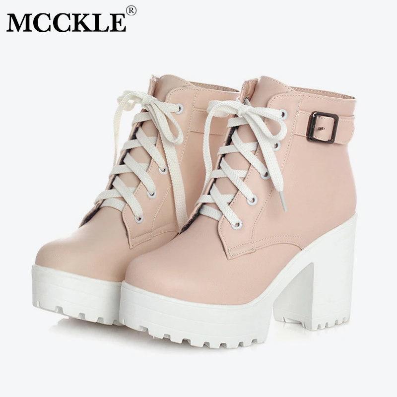

MCCKLE Plus Size Autumn Fashion Platform Square Heel Women Ankle Boots Female Lace Up High Heels Shoes Ladies Punk Footwear