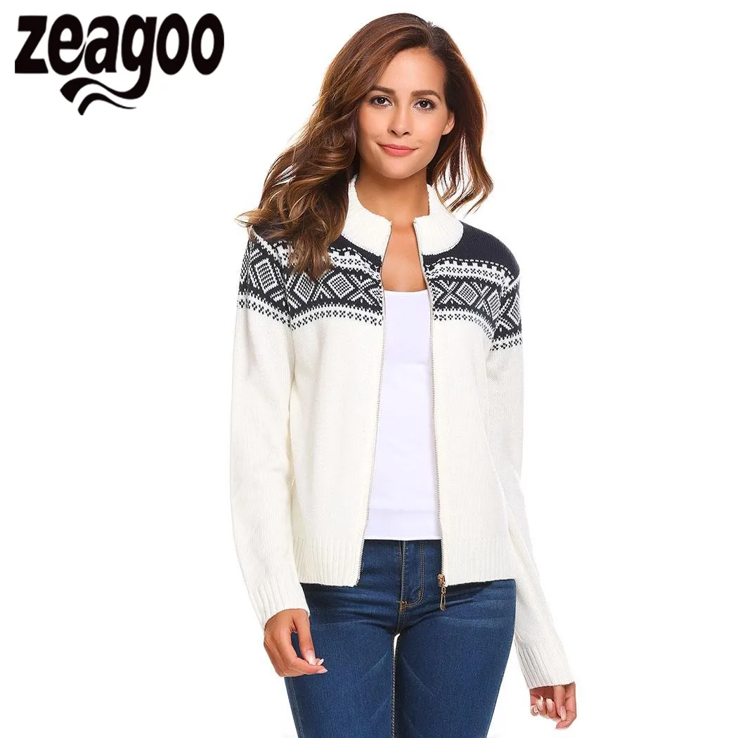 Zeagoo Cardigan Women Stand Collar Long Sleeve Full Zip Print Knitted