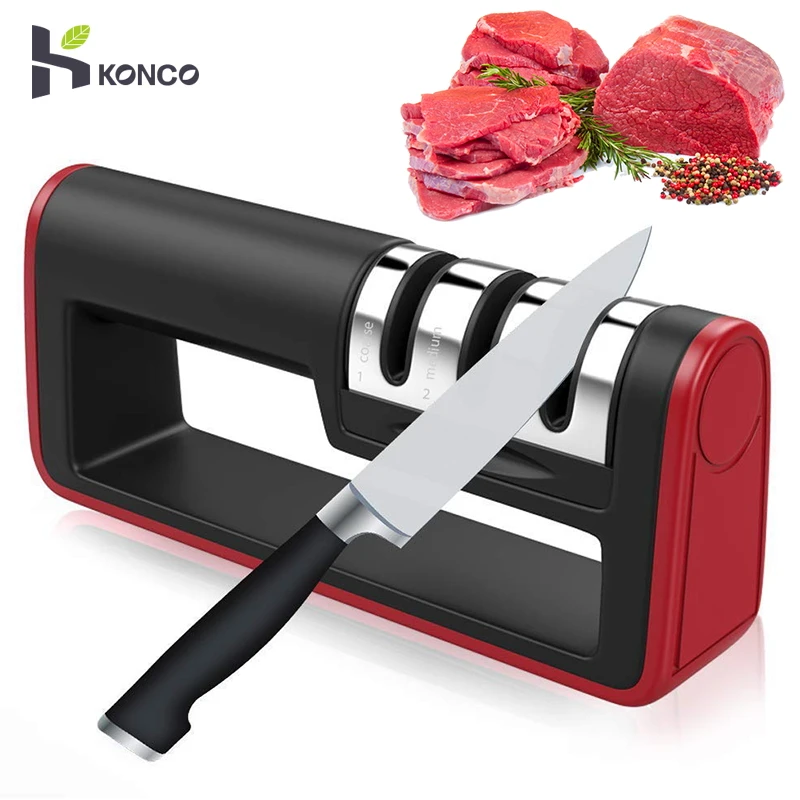 

KONCO 3-in-1 Chef Knives Sharpener, 3-Stage Sharpening System with Non-slip Base, Knife Repair, Restore and Polish Blades