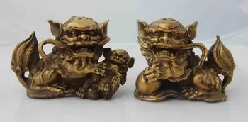 

Chinese Feng Shui Copper brass Protection beast Evil Door Fu Foo Dog Lion Pair