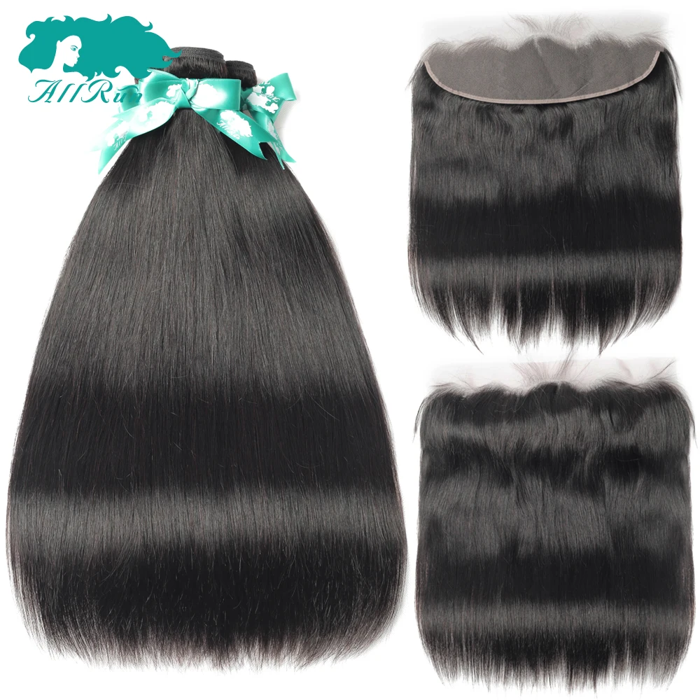 AllRun 3 Pcs Human Hair Bundles With Closure Brazilian Weave Lace Frontal Straight Extension Remy | Шиньоны и парики