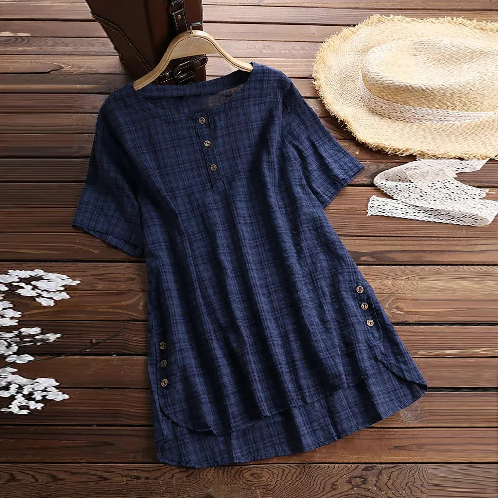 

Fashion Blouse Women Short Sleeve Kaftan Baggy Button Cotton Linen Casual Tunic Blouse Chemise Femme Loose Shirt Woman Blouses