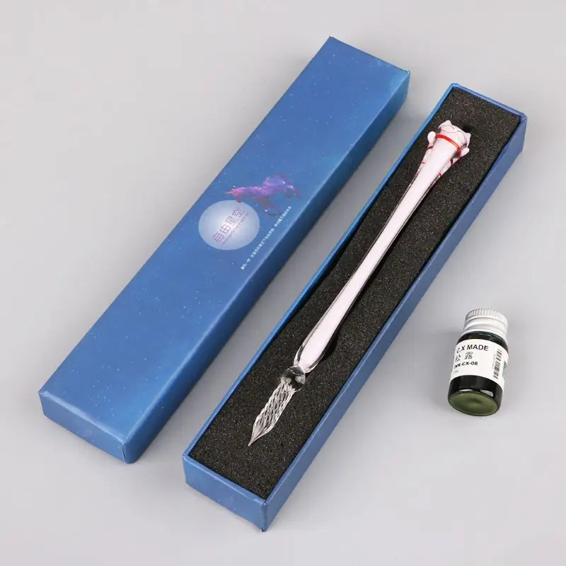 

Vintage Handmade Cat Glass Dip Signature Ink Fountain Pen Writing Tools Offices School Stationery With Gift Box