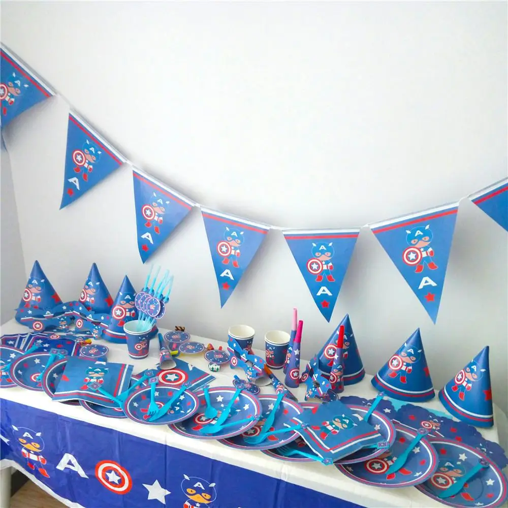 Captain America Theme Tableware Set Birthday Party Decoration Kids Balloons Napkin Cups Tablecloth Flag Straw Party Supplies