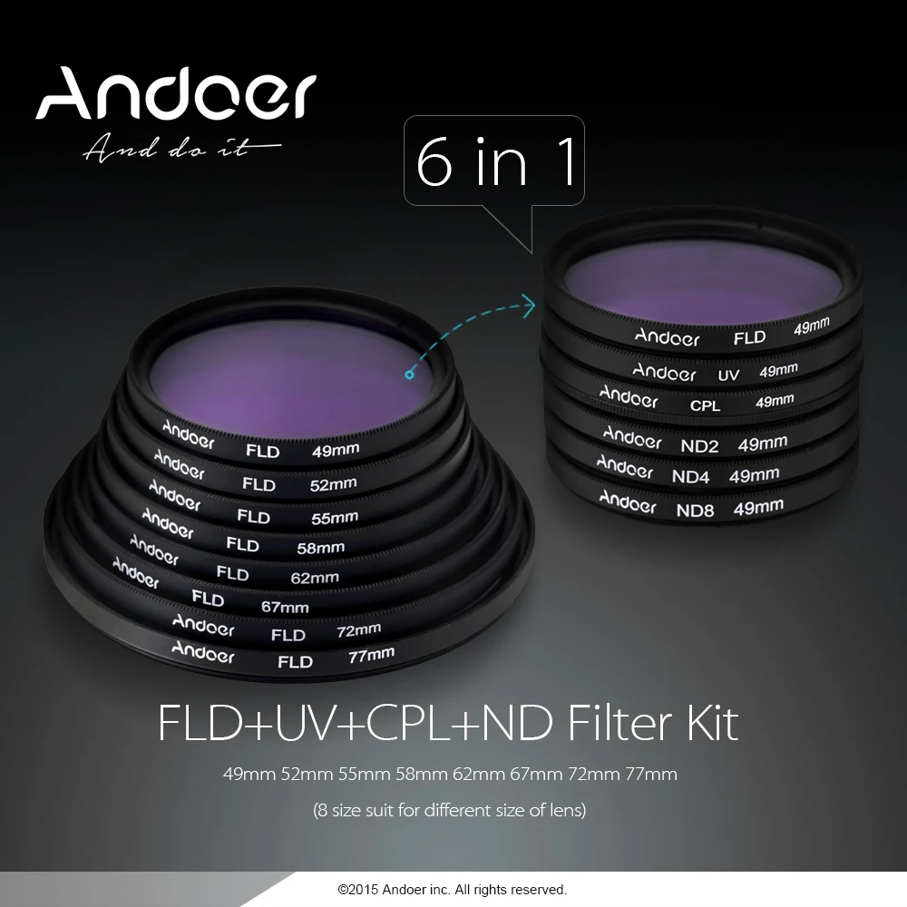 Andoer 49/52/55/58/62/67/72/77 мм UV+ CPL+ FLD+(ND ND2 ND4 ND8) фотографии фильтр комплект фильтр для Nikon Canon sony Pentax зеркалок