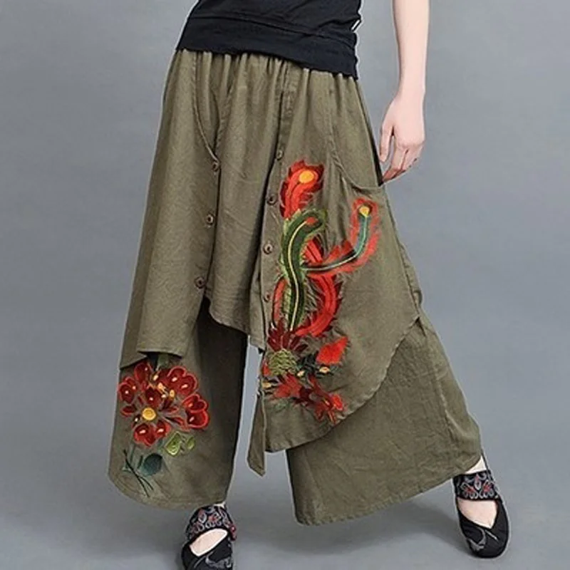 

Vintage 70s Ethnic Wide Leg Pants Women Embroidery 2017 New Autumn Spring Summer Chinese Green Black Trousers Boho Harem Pants