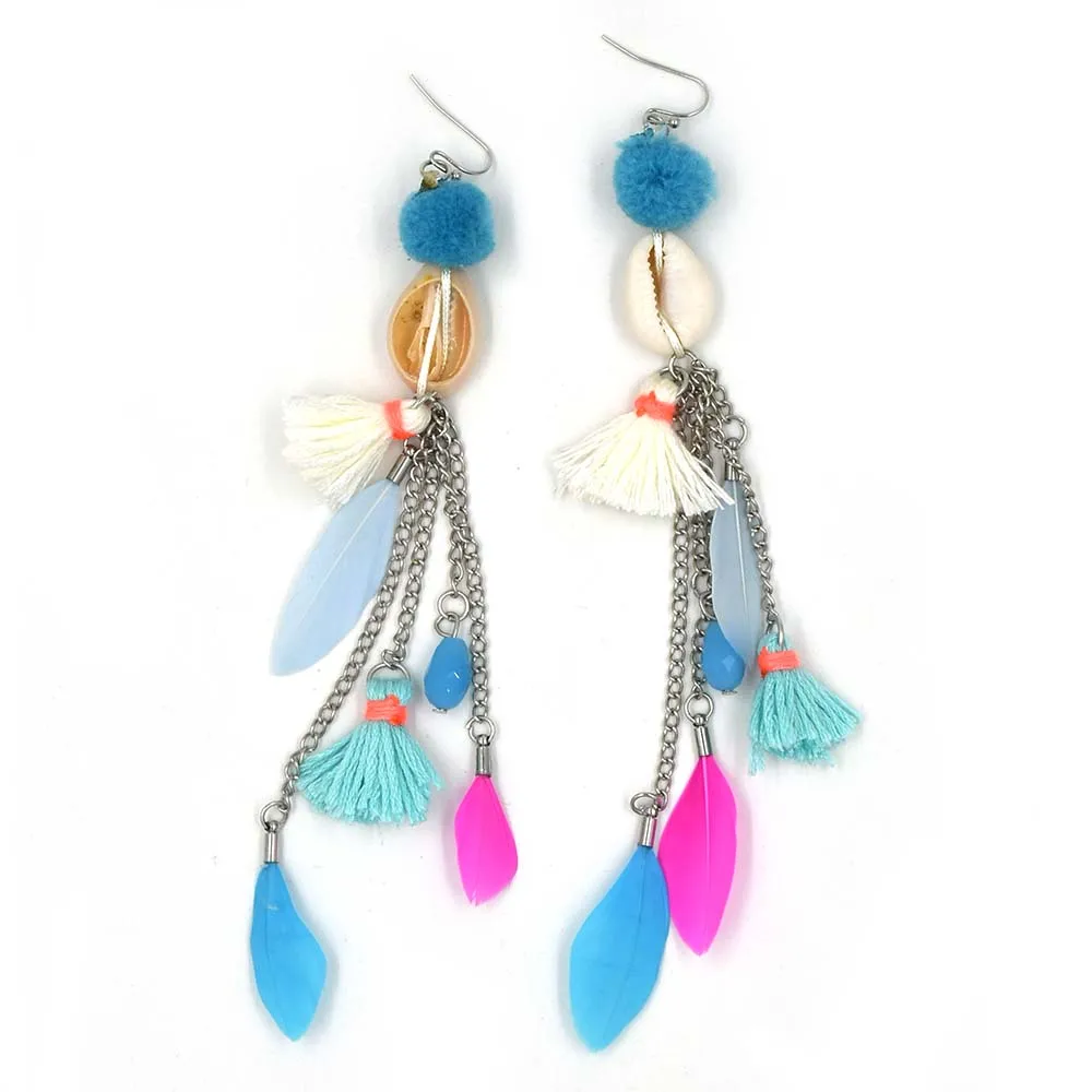 New Handmade Ethnic Bohemian Dangle Earrings Shell Beaded Colorful Feather Pompoms Charm Tassel Earrings For Women