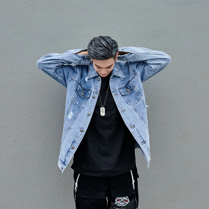 2018 Hot Denim Clothes Jeans Coats Vintage Men's Jackets High Quality Hip-hop Holes Decorated with Pure Blue Men Jacket