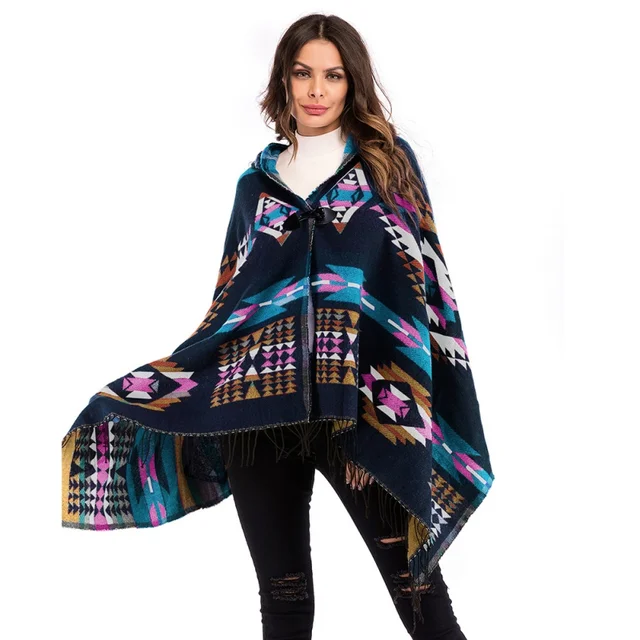 Reviews Ethnic style 2018 Fashion Geometric pattern Tassel Bat Sleeve Loose Cape Hooded Sweater Horn Buckle Shawl Coats Cloak Outwear