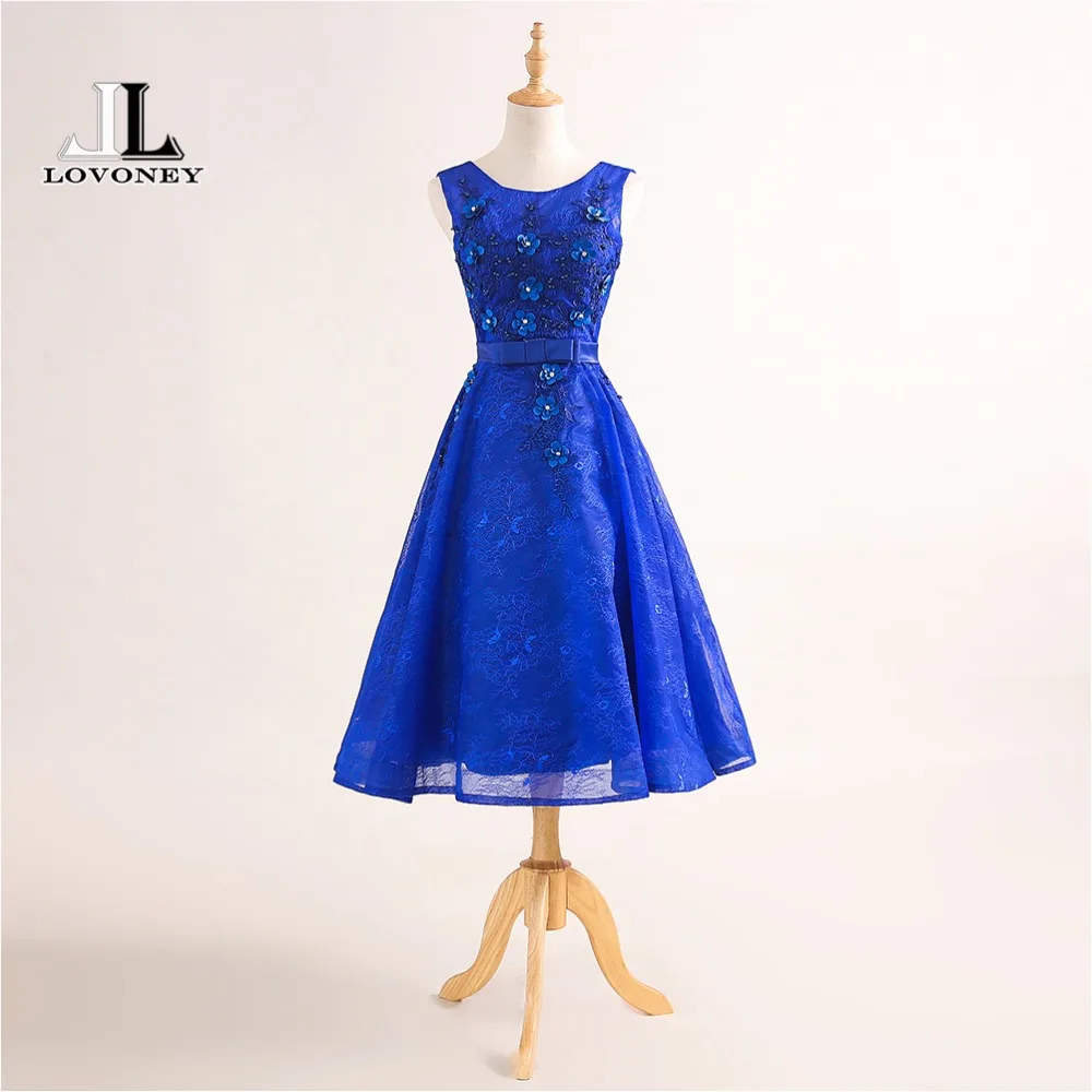 

LOVONEY T423 Sexy Open Back Short Prom Dresses 2019 New Design Tea Length Lace Beading Occasion Party Dress Gown Formal Dresses