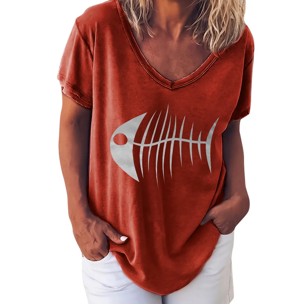 

funny T Shirts Women Modis Casual Solid Fish Bone Print Loose Short Sleeve Summer Daily Tops Cute Shirt Streetwear May 22