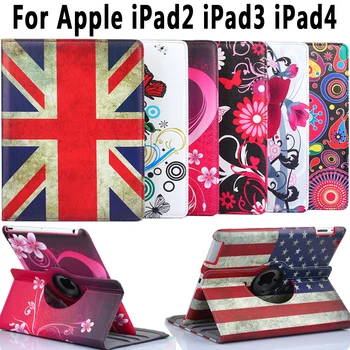 

360 Degree Rotating Leather Flower Flag Cover for Apple iPad 4 Auto Sleep Awake Cover for iPad 2 iPad 3 Case Coque Capa Funda
