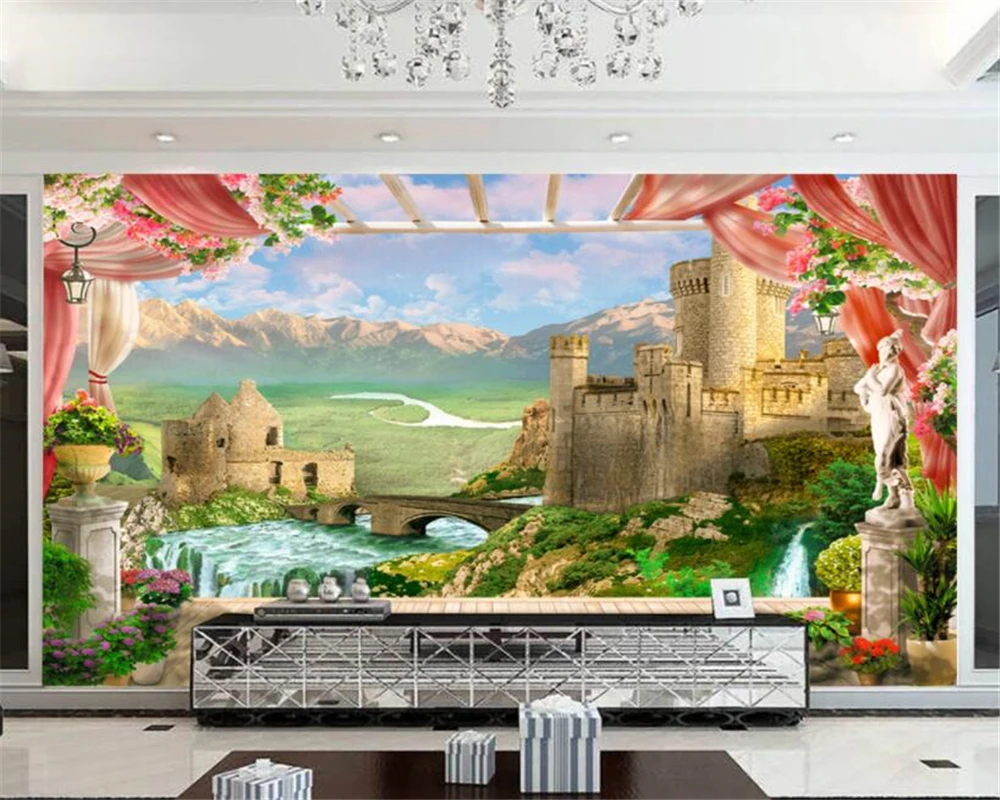 

Beibehang Custom Photo Wallpaper 3D European Retro Art TV Background Wallpaper Mural Castle Garden Painting papel de parede