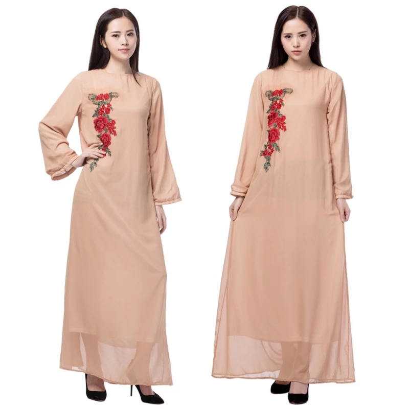 Кафтан Абаи джилбаба Исламская Мусульманский коктейльное Для женщин с длинным рукавом халат шифон платье с вышивкой одноцветное Цвет