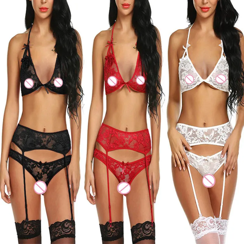 

3pcs Set Women Transparent Bra Set + Garter Black Sexy Lingerie Lace Lenceria Plus Size Underwear Porno Babydoll Dress S-3XL