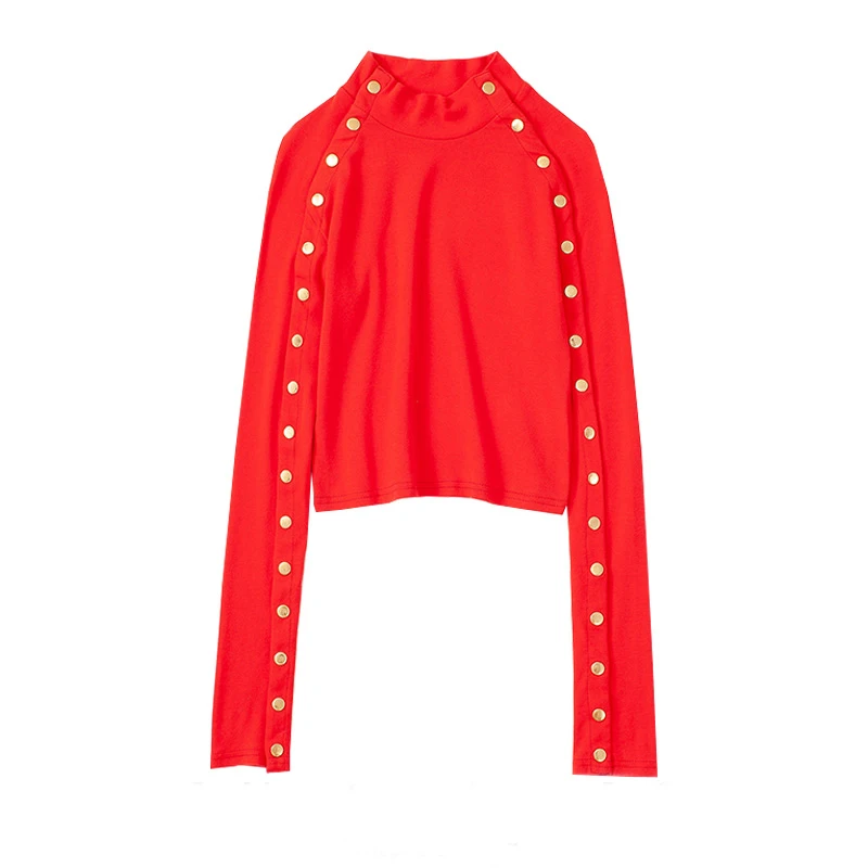 Для женщин сексуальный Однобортный топы с длинными рукавами трикотажный топ футболка Женская Осенняя обувь тонкий короткая футболка - Цвет: Red Tops