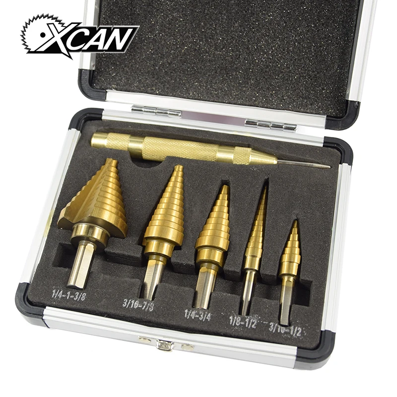 Comprare XCAN 6 pz Titanuim In Legno Matel Punta del trapano Pagoda Forma Passo Punta del trapano Set con 130mm Centro Pugno Trapano Hole Cutter core Punta del trapano