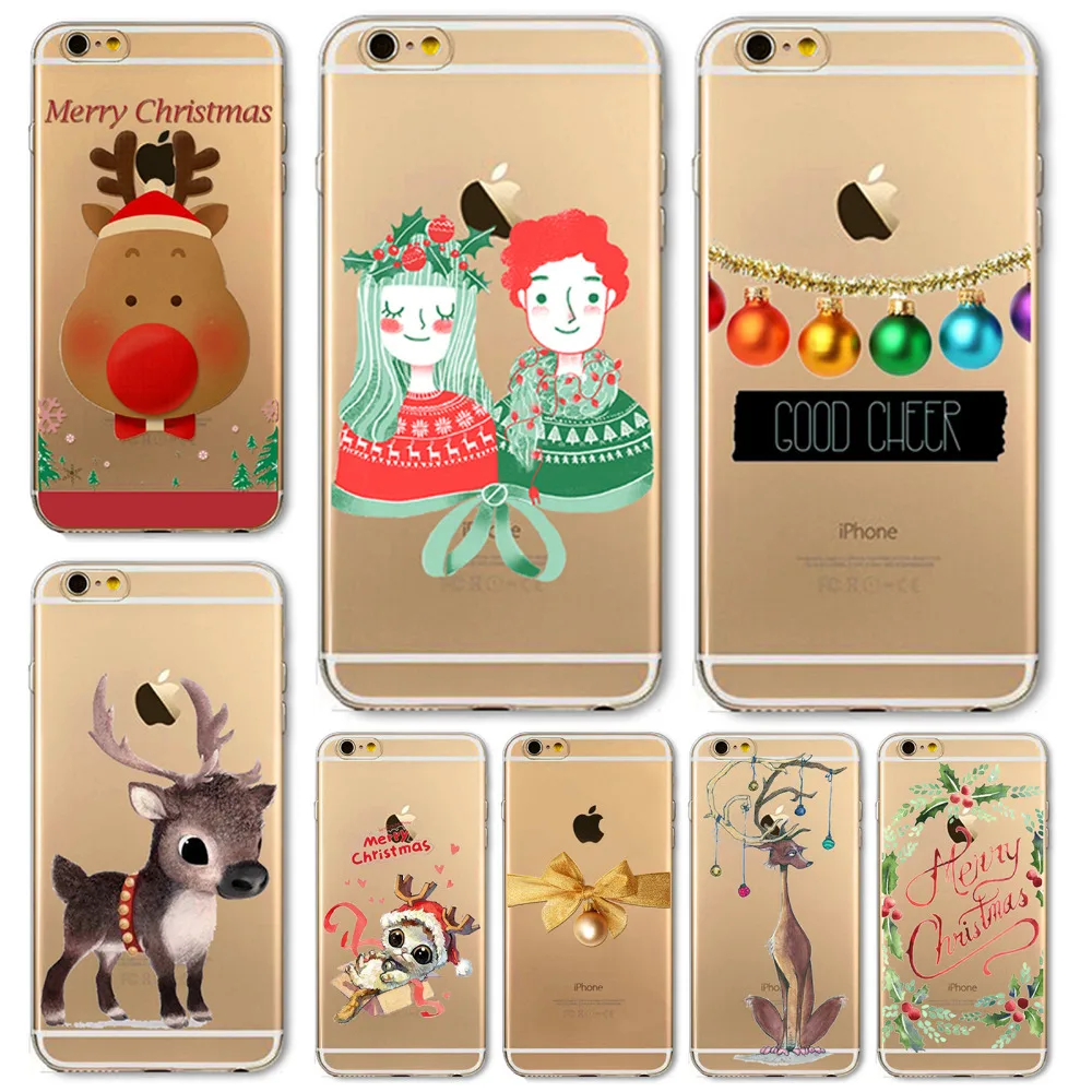 Cute Christmas Soft Phone Cover Case For iPhone 6 6S 5 5S SE 6Plus 6SPlus 5C 4 4S Present Animal Tree Hat Cat Capa Celular
