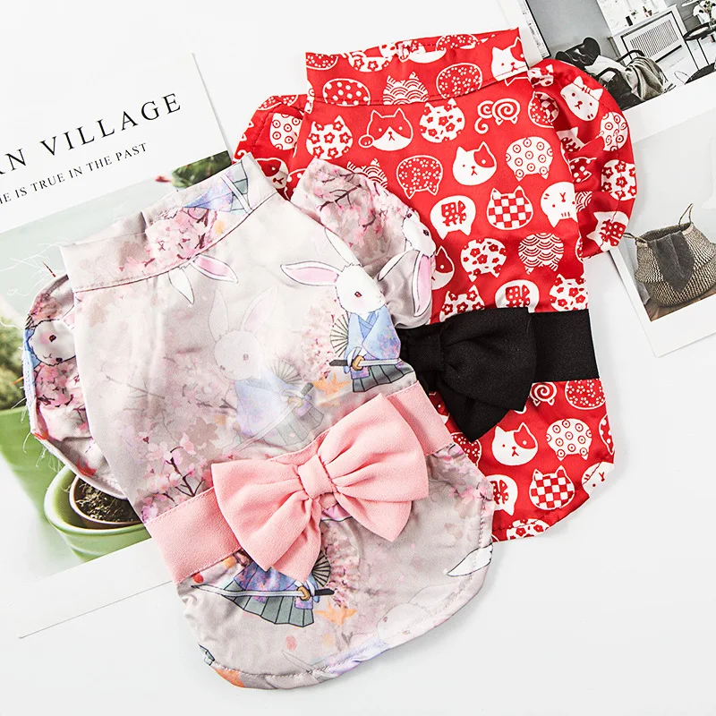 

Dog Clothes Bow Tie Japanese Kimono For Dogs Shirt Pet Cartoon Clothing Summer Shirt Casual Costume Princess Dress Vestido