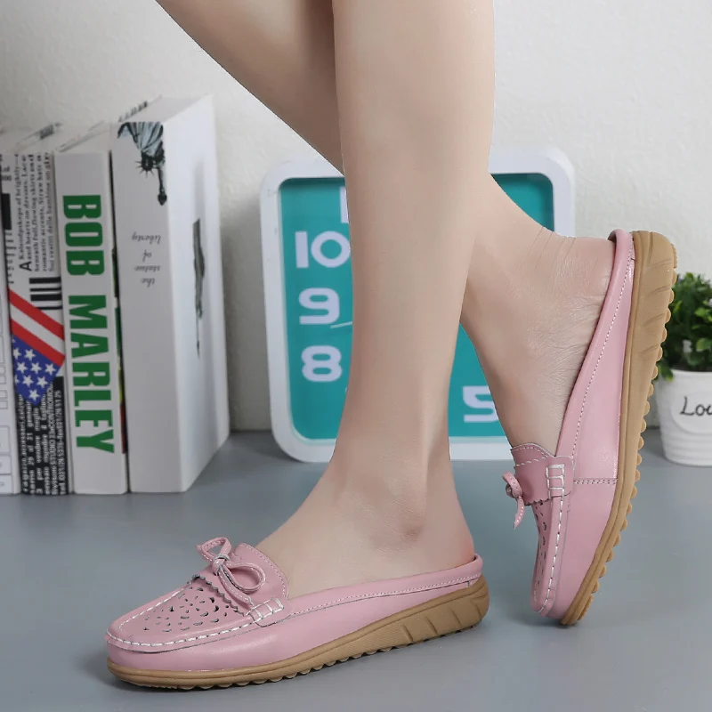 US $10.14 Summer Genuine Leather Women Flats Hollow Slip On Leather Loafers Ladies Shoes Korean Style Soft Moccasins Half Slippers Size 43