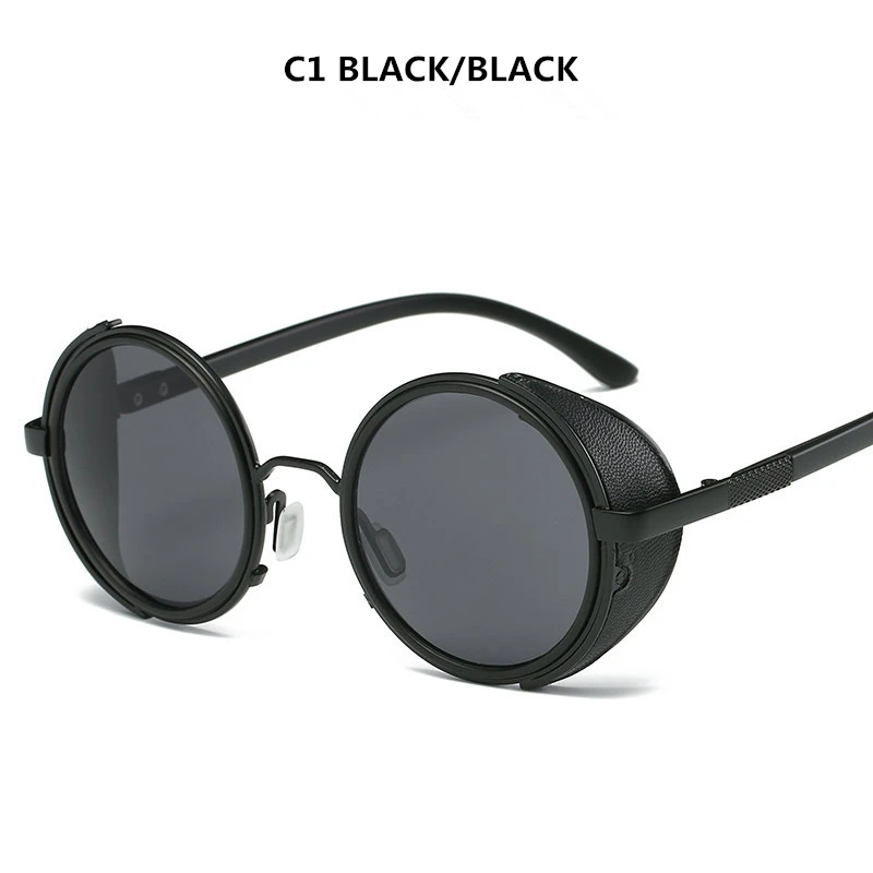 Стимпанк Солнцезащитные очки, женские круглые очки, мужские очки с боковым козырьком, круглые линзы, унисекс, винтаж, ретро стиль, панк очки - Цвет линз: BLACK BLACK