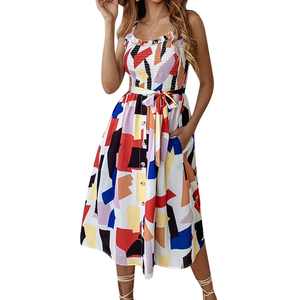 

JAYCOSIN 2019 Women's Spring And Summer Fashion Casual Printed Square Lace-up Pocket Dress Night Elegant Mar16 p30