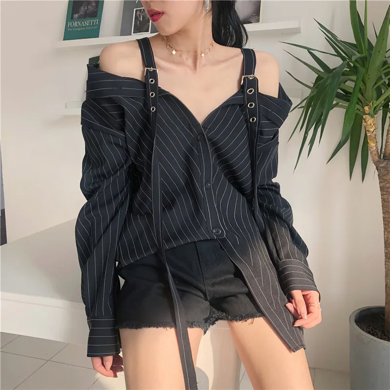  LANMREM 2020 New Fashion Personality Black Strap Vertical Stripe Off-shoulder Long Sleeve Shirt Fem