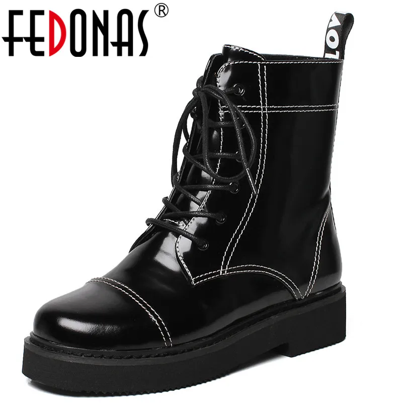 

FEDONAS Punk Black Women Ankle Boots Autumn Winter Thick Heels Motorcycle Boots Lace Up Round Toe Party Dancing Shoes Woman