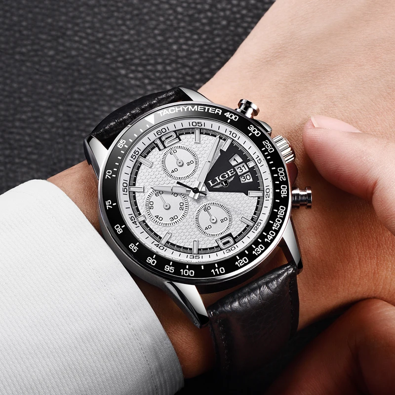 LIGE Mens Watches Top Brand Luxury Men's Military Waterproof Sports Watch Men's Leather Date Quartz