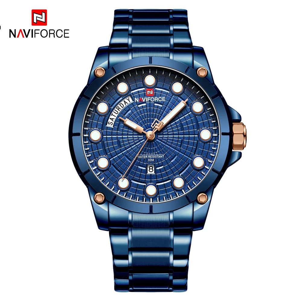 Мужские часы Топ бренд NAVIFORCE модные синие полностью Стальные наручные