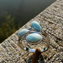 Натуральные кольца Larimar, античный дизайн, овальные женские кольца Larimar, 925 пробы, серебряные украшения, Larimar, свадебные кольца, Размер 6/7/8/9