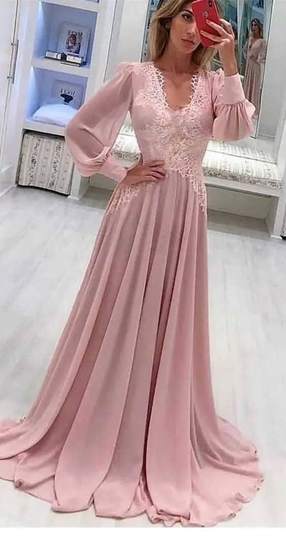 Arabic V Neck Evening Dresses Long Sleeve 2019 vestidos de fiesta de noche A Line Lace Chiffon Formal Women Prom Gowns Arabic V Neck Evening Dresses Long Sleeve 2019 vestidos de fiesta de noche A Line Lace Chiffon Formal Women Prom Gowns