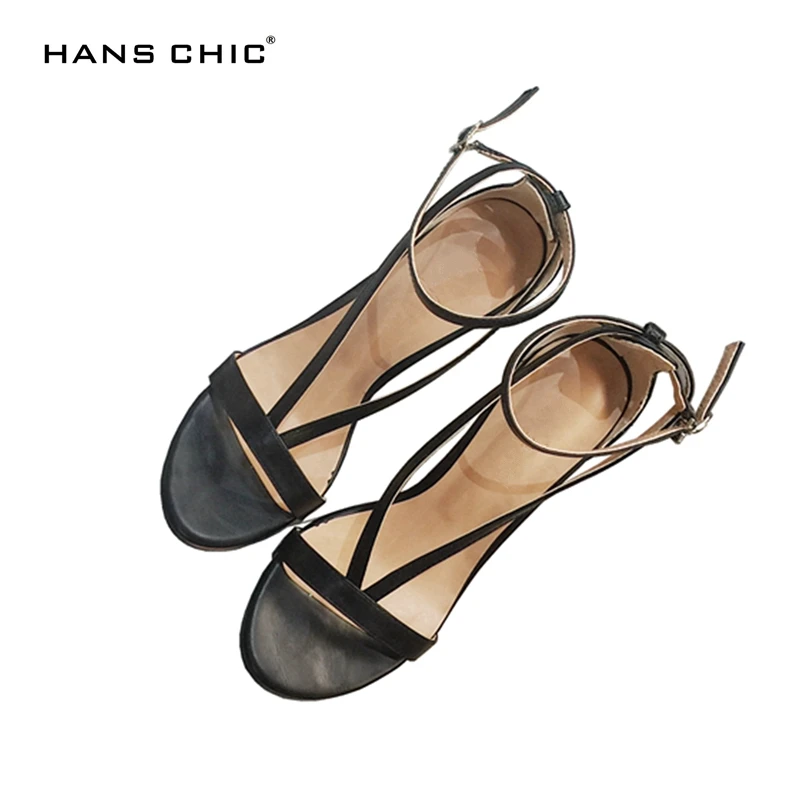 

HANSCHIC 2017 Summer New Arrival Black Unique Design Minimalist Retro Ladies Woman Sandals for Womens with Cross Straps 1169