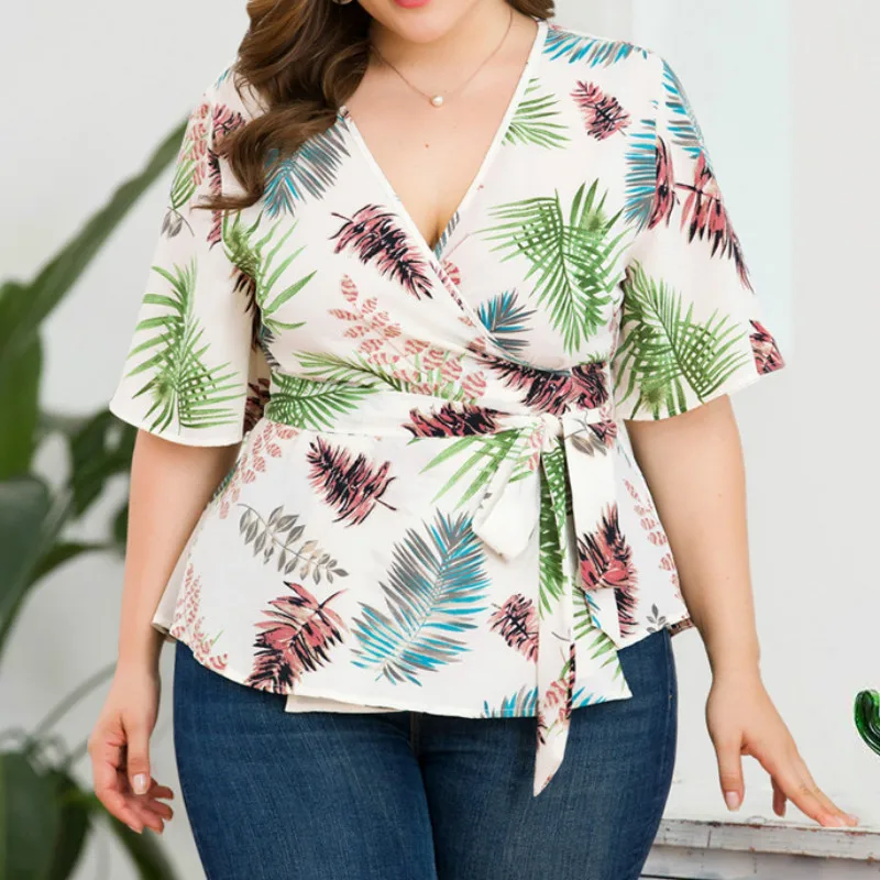 

Chiffon Blouses Women Printed Shirts Big Size 4XL Female Loose Tops Oversize Femme Blusas Sashes Mujer Autumn Plus Size Y001