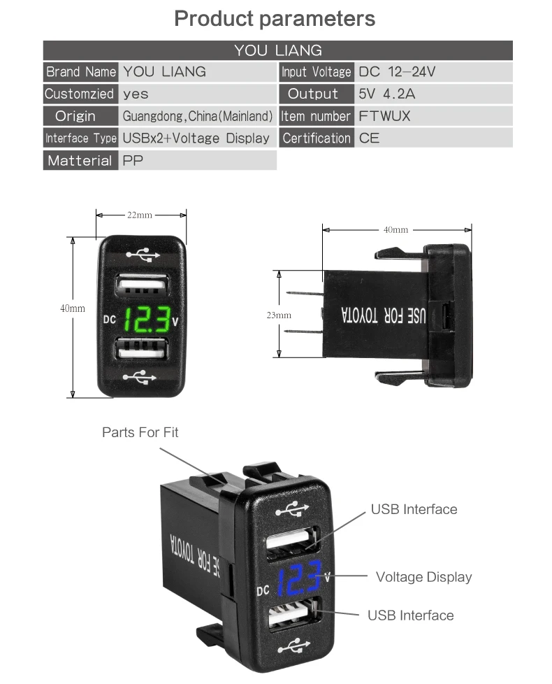 DC 5 V-24 V Dual USB Автомобильное зарядное устройство Порты и разъёмы автомобиля Зарядное устройство для Toyota 2 зарядных порта USB для автомобиля разъем Мощность адаптер с светодиодный цифровой вольтметр Дисплей