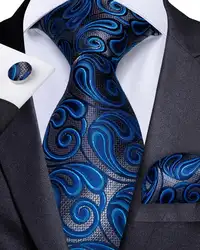 Мужской галстук синий Серебряный Пейсли Свадебный галстук для мужчин дизайнерский Галстук Набор Мода Бизнес вечерние Hanky запонки дибангу