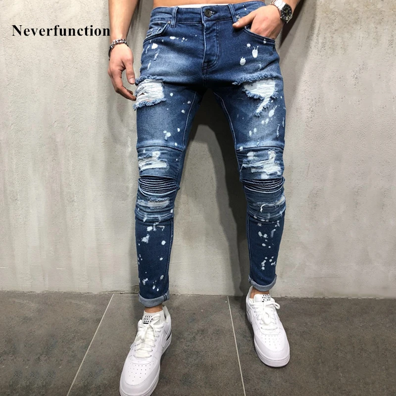 

Men Hip hop Ripped Splashing ink Skinny biker Jeans knee Pleated Distressed motorcycle streetwear Men Joggers Denim trousers