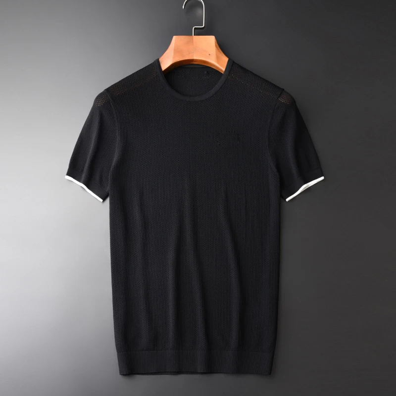 

Minglu Knitted Mesh Mens T-shirts Luxury Embroidery Short Sleeve Man T-shirts Plus Size 4xl Summer Round Collar Slim Fit Man Tee