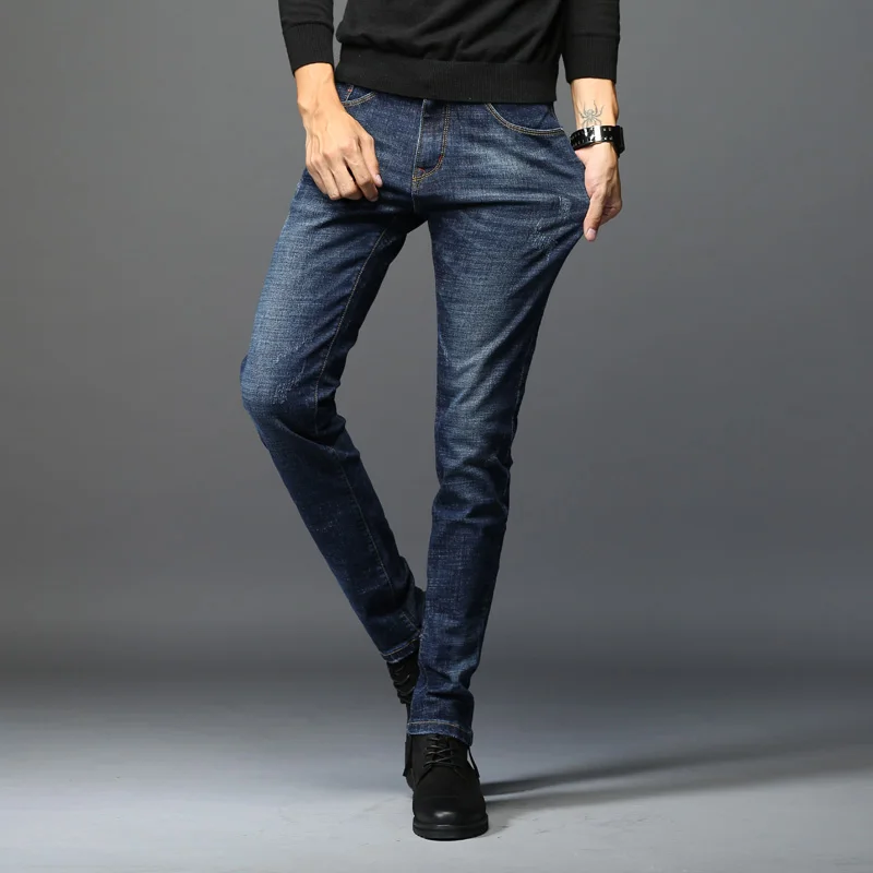 

2019 Autumn Winter New Men's Slim Jeans Business Casual Elastic Skinny Jean Black Blue Denim Pants Male Brand Trousers 39 40